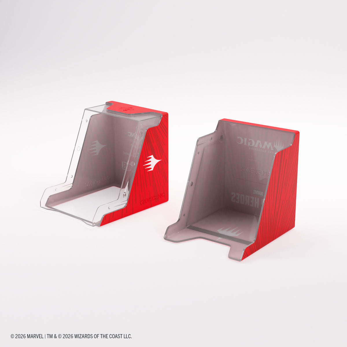 Gamegenic Bastion 100+ XL Deck Box: Marvel Super Heroes - Comic Burst Red - Red and gray plastic card deck box with clear front flap, holds over 100 cards, Marvel-themed design.