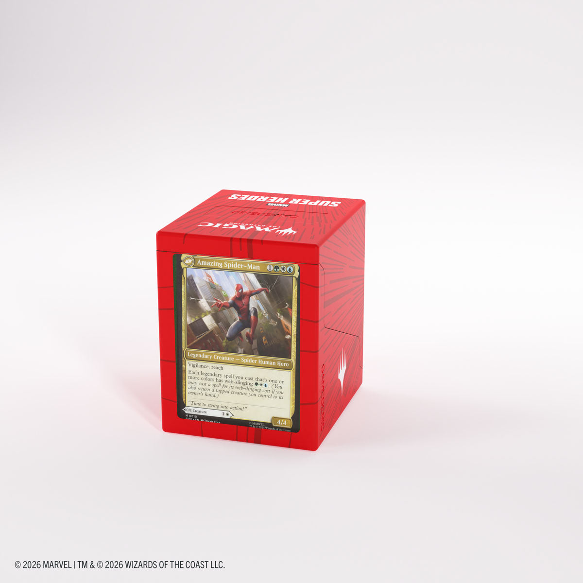 Gamegenic Bastion 100+ XL Deck Box: Marvel Super Heroes - Comic Burst Red - Red rectangular deck box with a hinged lid and a Marvel superhero comic card displayed on the front panel.