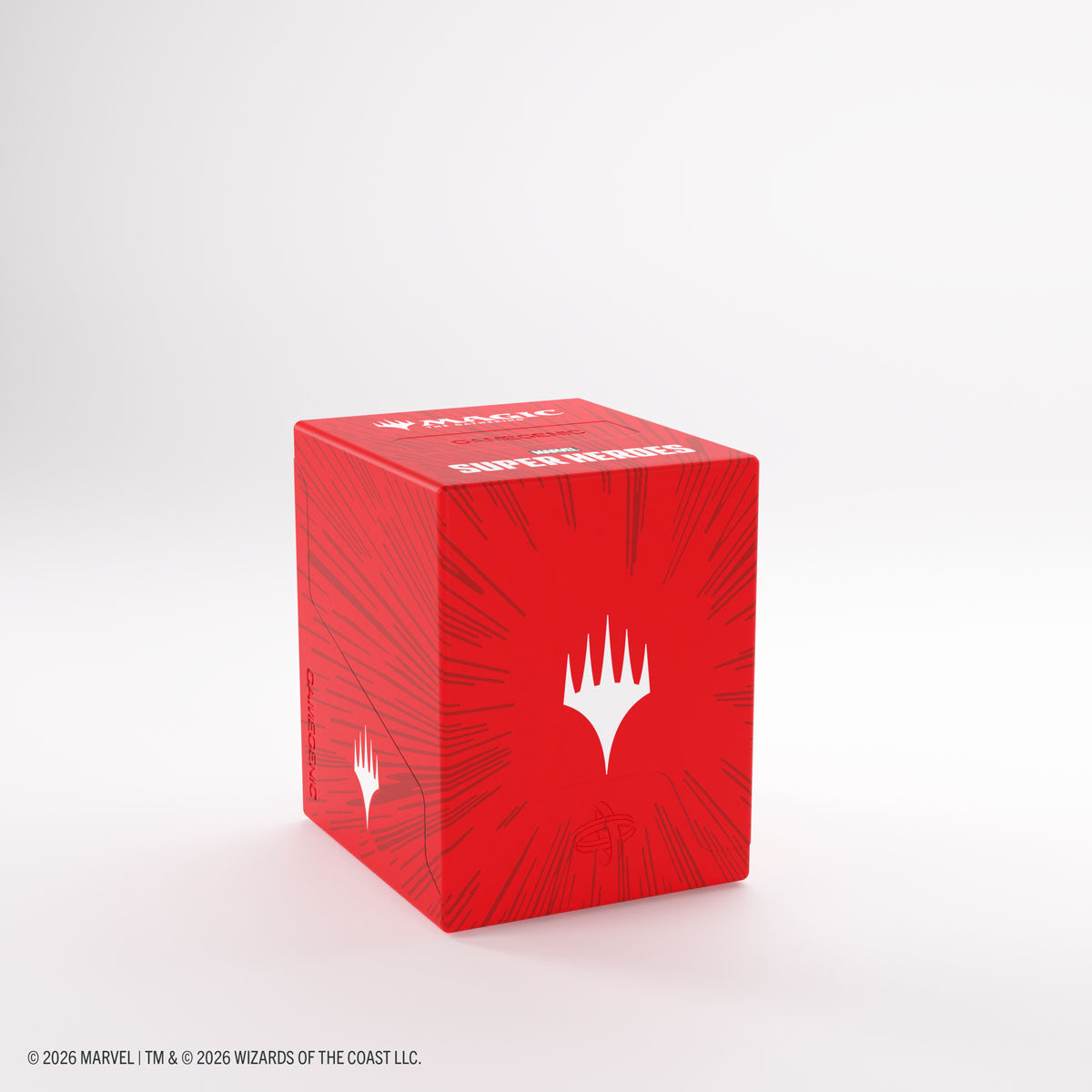 Gamegenic Bastion 100+ XL Deck Box: Marvel Super Heroes - Comic Burst Red - The Gathering symbol and comic burst design.