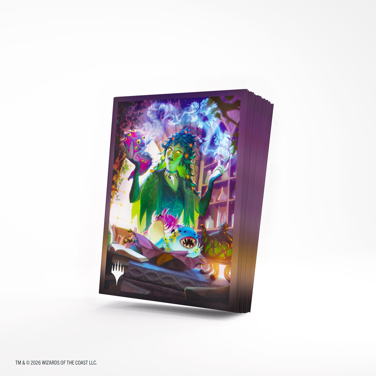 Gamegenic Premium Art Sleeves: Secrets of Strixhaven - Dina, Essence Brewer (PREORDER) - Stack of premium purple card sleeves featuring vibrant Dina, Essence Brewer artwork with magical blue and green effects.