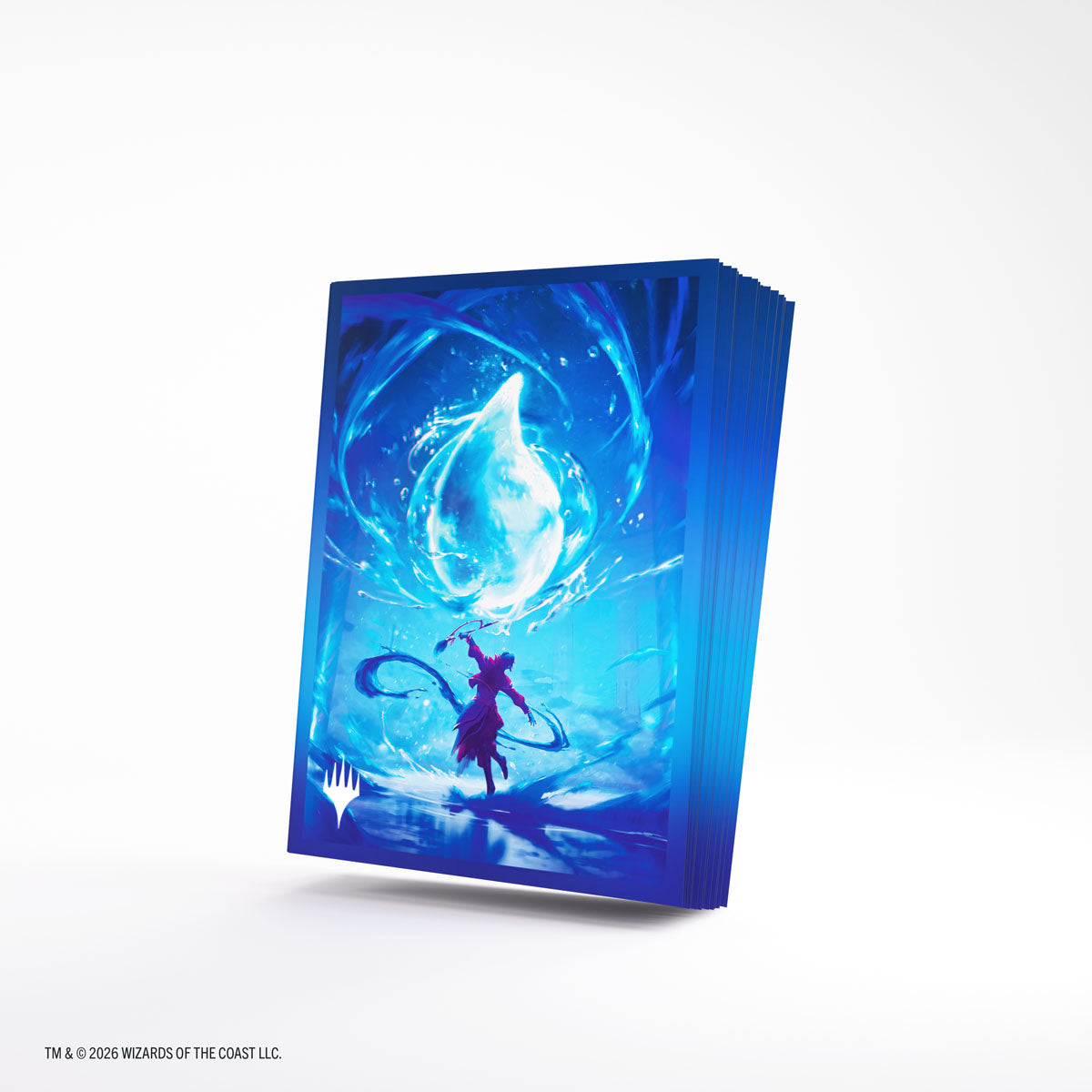 Gamegenic Premium Art Sleeves: Secrets of Strixhaven - Island (PREORDER) - Deck of blue card sleeves featuring a glowing water droplet and a silhouette casting a magic spell.