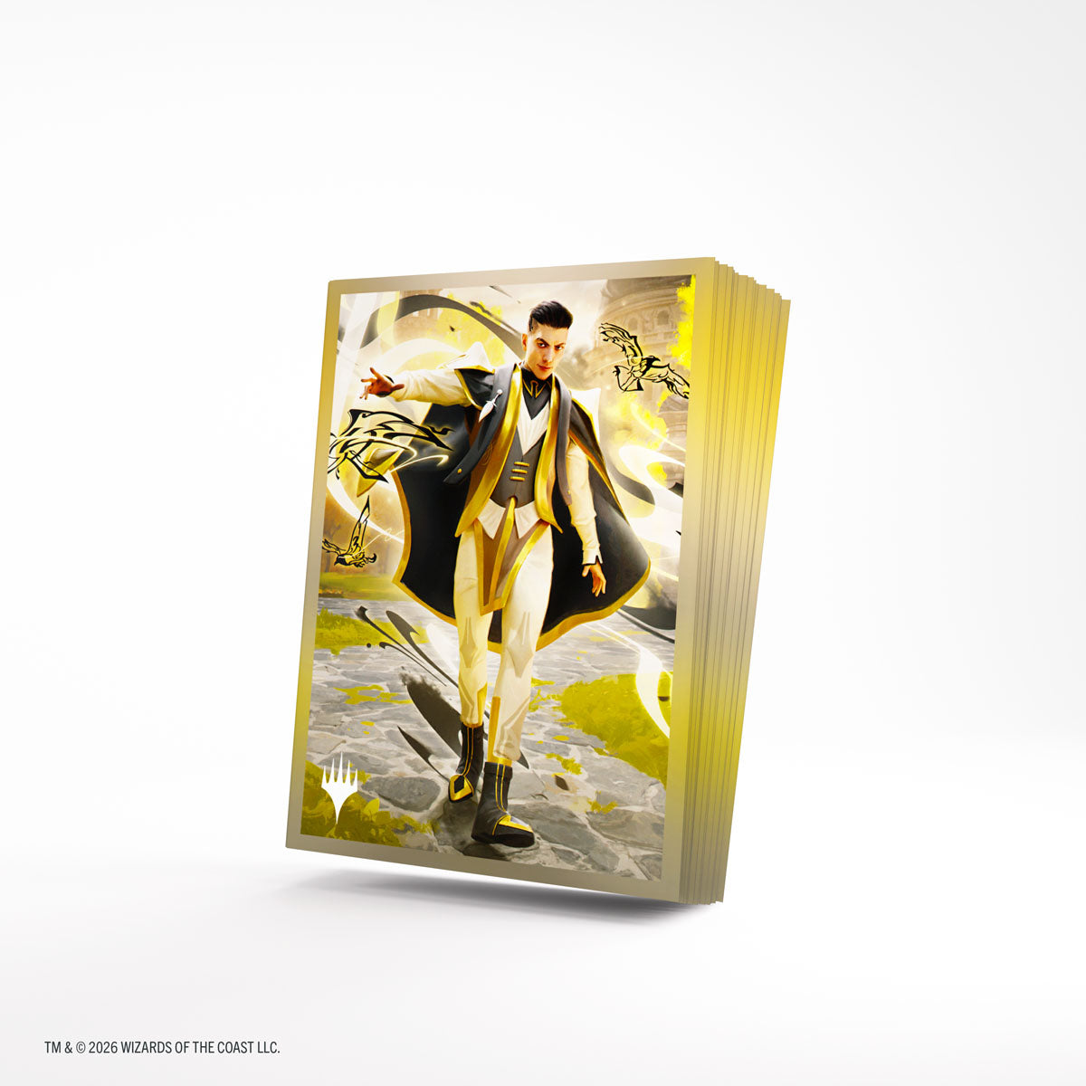 Gamegenic Premium Art Sleeves: Secrets of Strixhaven - Killian, Decisive Mentor (PREORDER) - Stack of rectangular card sleeves featuring a detailed illustration of a confident male character in yellow and black cloak.