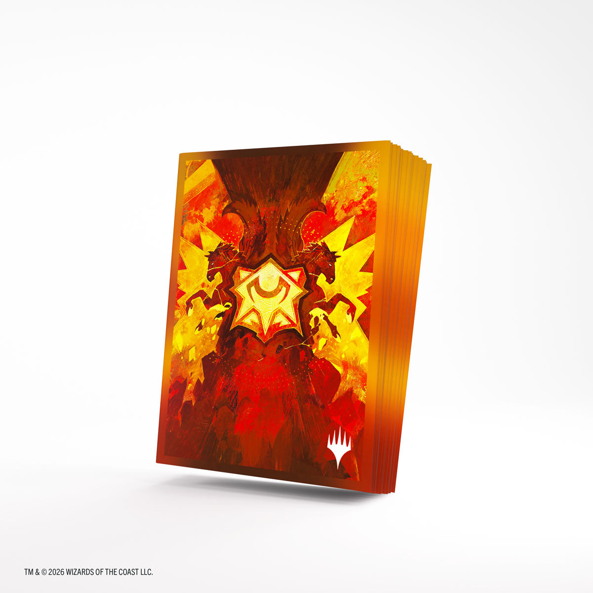 Gamegenic Premium Art Sleeves: Secrets of Strixhaven - Lorehold (PREORDER) - Deck of rectangular card sleeves with fiery orange, red, and yellow Lorehold-themed artwork featuring a stylized sun emblem.