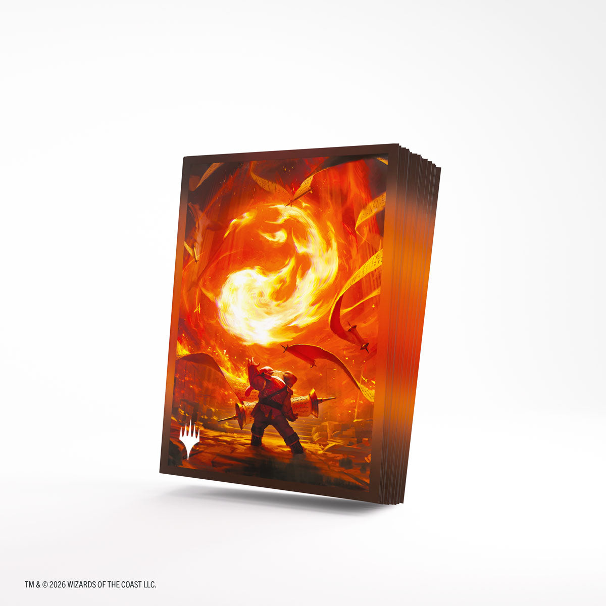 Gamegenic Premium Art Sleeves: Secrets of Strixhaven - Mountain (PREORDER) - Stack of glossy card sleeves featuring fiery orange and red fantasy artwork with a mage casting a swirling flame spell.