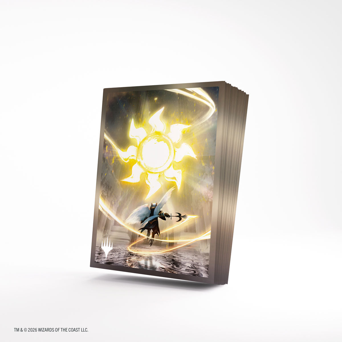 Gamegenic Premium Art Sleeves: Secrets of Strixhaven - Plains (PREORDER) - Deck sleeves featuring a glowing six-pointed sun symbol in gold with a wizard casting a spell beneath on a dark, mystical.