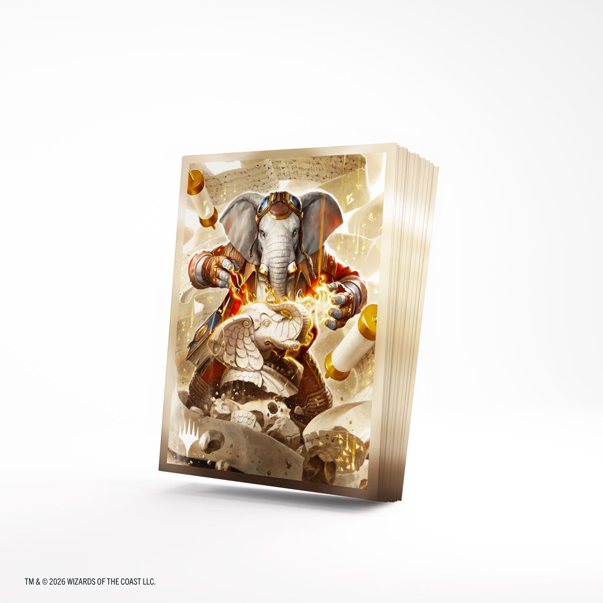 Gamegenic Premium Art Sleeves: Secrets of Strixhaven - Quintorius, History Chaser - Card sleeves featuring an armored elephant warrior in dynamic pose with warm gold and brown tones and magical effects.