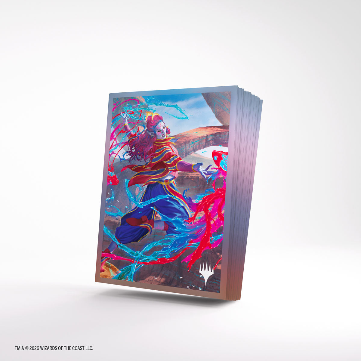 Gamegenic Premium Art Sleeves: Secrets of Strixhaven - Commander 2 (PREORDER) - Deck of glossy card sleeves featuring vibrant fantasy artwork with a mage casting spells in red and blue hues.