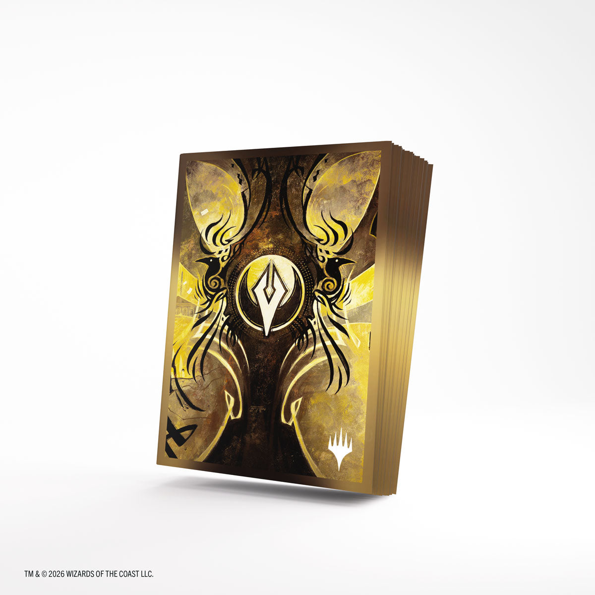 Gamegenic Premium Art Sleeves: Secrets of Strixhaven - Silverquill (PREORDER) - Deck of card sleeves with gold and black intricate winged emblem design, glossy finish.
