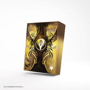 Gamegenic Premium Art Sleeves: Secrets of Strixhaven - Silverquill (PREORDER) - Deck of card sleeves with gold and black intricate winged emblem design, glossy finish.