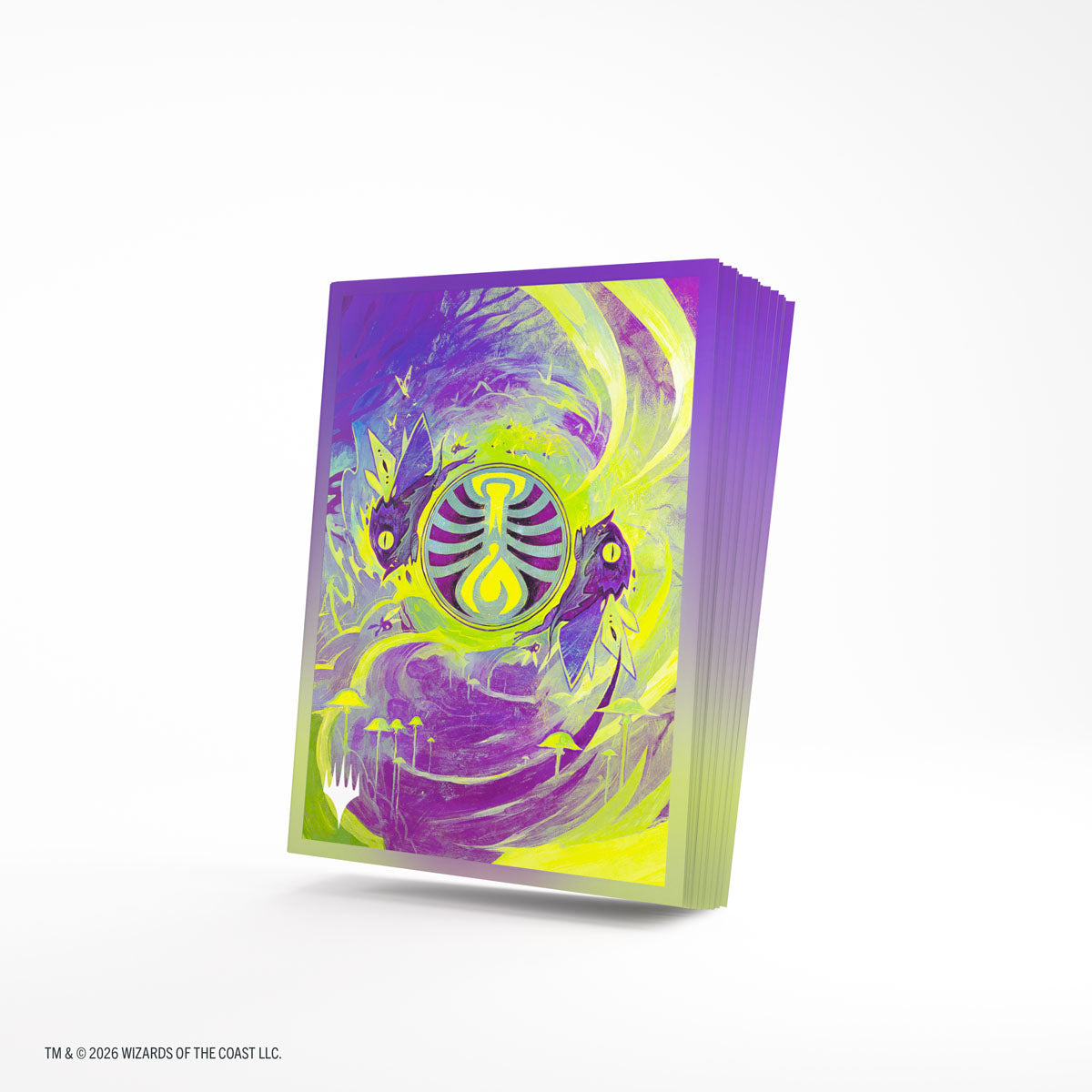 Gamegenic Premium Art Sleeves: Secrets of Strixhaven - Witherbloom (PREORDER) - Deck of purple and yellow card sleeves featuring mystical, swirling artwork with two bird-like creatures and a central.