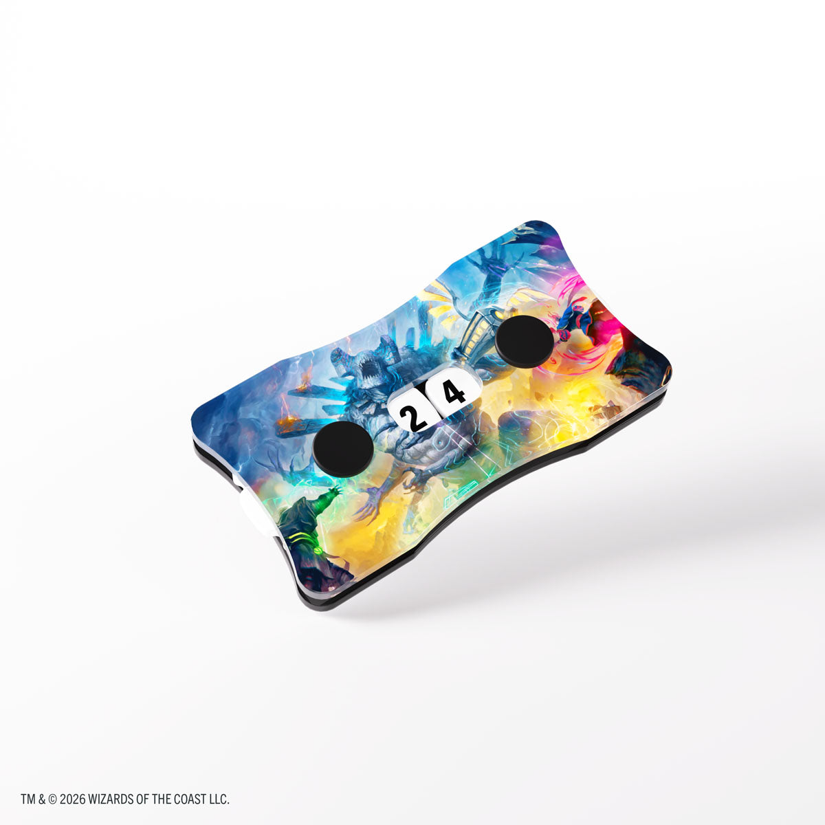 Gamegenic Double Life Counter: Secrets of Strixhaven - Moment of Reckoning (PREORDER) - Compact rectangular double life counter with rounded corners, colorful fantasy artwork, two black rotating dials, and a.
