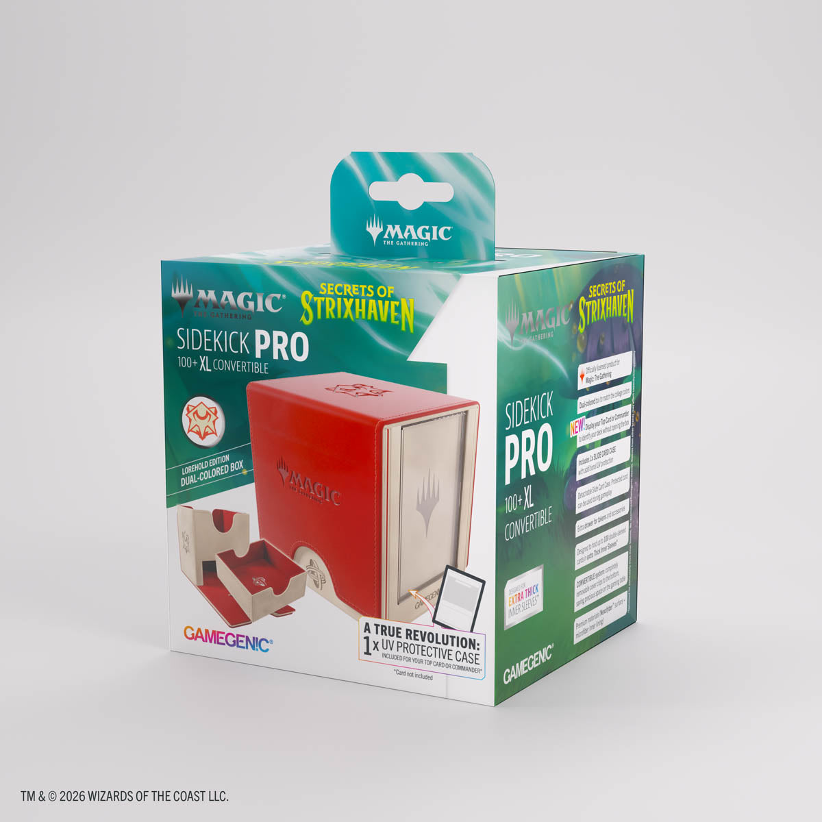 Gamegenic Sidekick PRO 100+ XL: Secrets of Strixhaven - Lorehold (PREORDER) - The Gathering play, packaged in green branded box with Secrets of Strixhaven Lorehold artwork and preorder label.