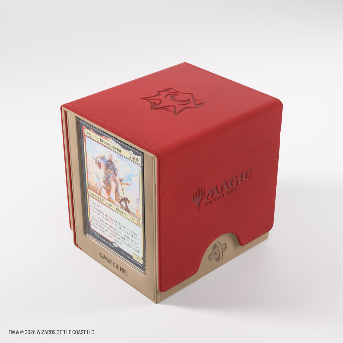 Gamegenic Sidekick PRO 100+ XL: Secrets of Strixhaven - Lorehold (PREORDER) - Red and tan card storage box with embossed logo and clear card display slot on front.
