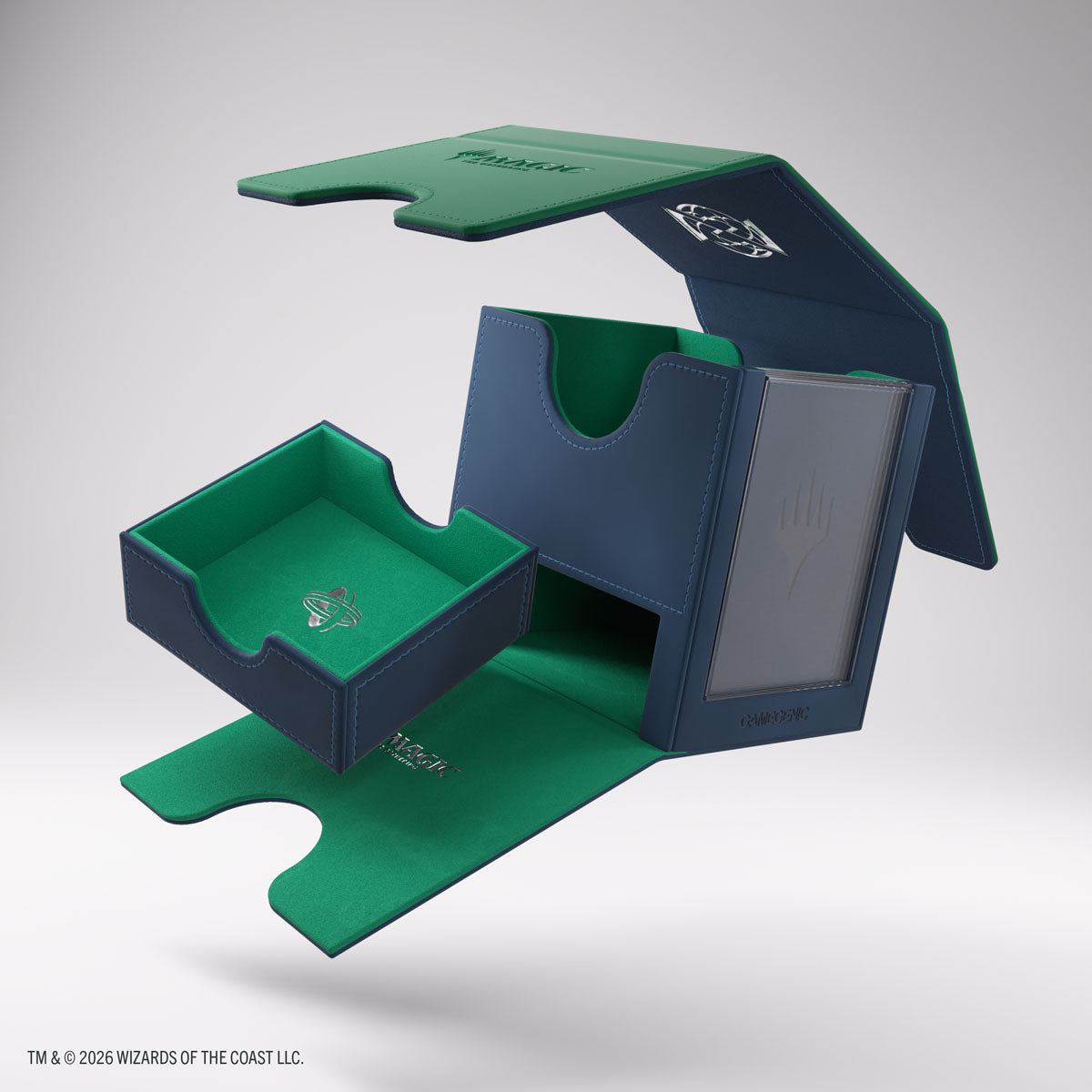 Gamegenic Sidekick PRO 100+ XL: Secrets of Strixhaven - Quandrix (PREORDER) - Dark blue and green foldable card storage box with compartments and a transparent side window, designed for gaming cards.