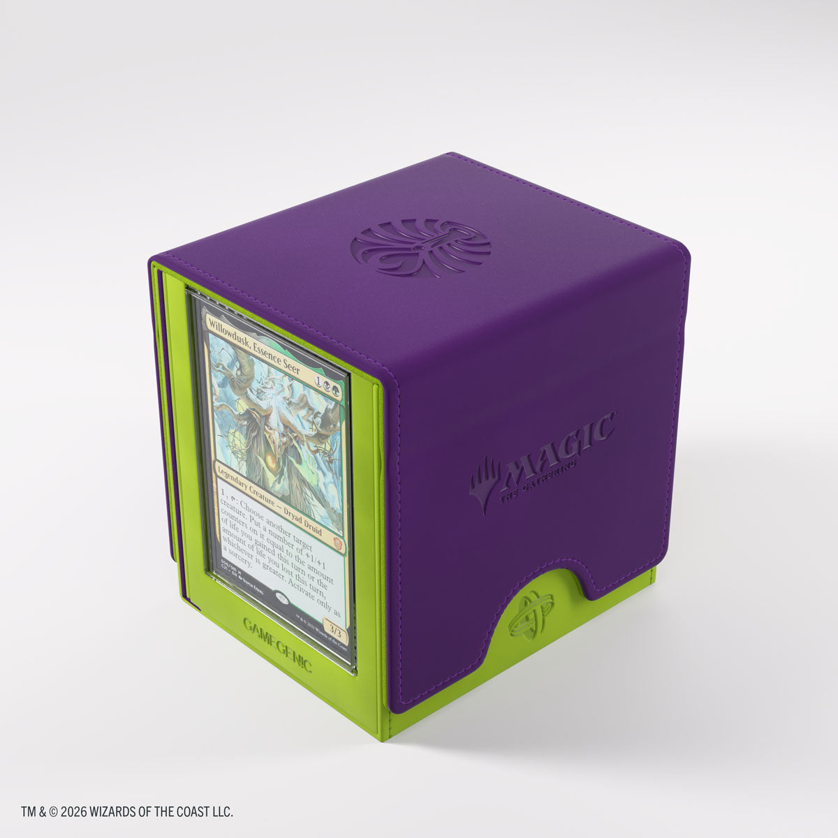 Gamegenic Sidekick PRO 100+ XL: Secrets of Strixhaven - Witherbloom (PREORDER) - Purple and green cube deck box with embossed Magic logo and transparent card display window showing a fantasy card.
