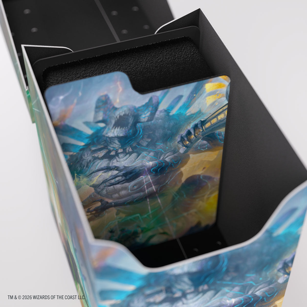 Gamegenic Soft Dynacrate 100+ XL: Secrets of Strixhaven - Moment of Reckoning (PREORDER) - Black and blue card storage box with fantasy dragon artwork and foam interior for card protection.