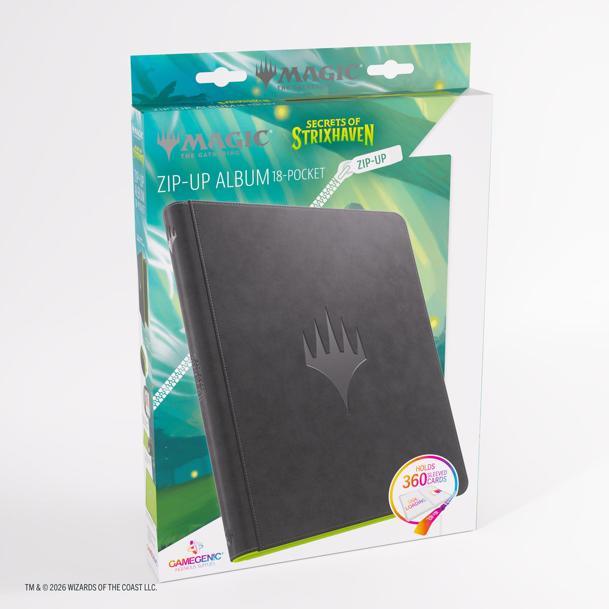 Gamegenic Zip-Up Album 18-Pocket: Secrets of Strixhaven - Black/Green (PREORDER) - The Gathering emblem, 18-pocket capacity, in green-themed Secrets of Strixhaven packaging.