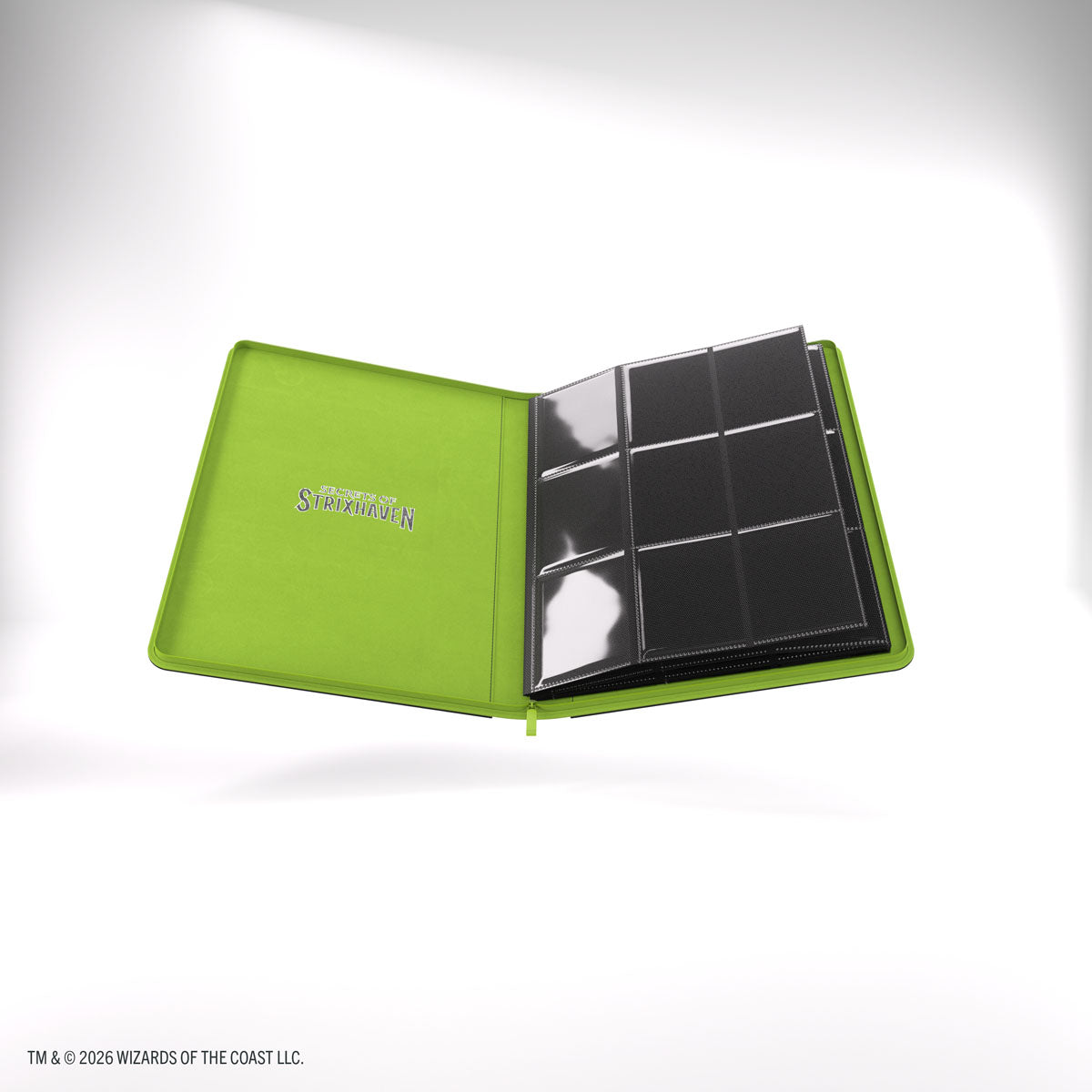 Gamegenic Zip-Up Album 18-Pocket: Secrets of Strixhaven - Black/Green (PREORDER) - Black and green zip-up card album with 18 clear pockets and Secrets of Strixhaven logo inside.