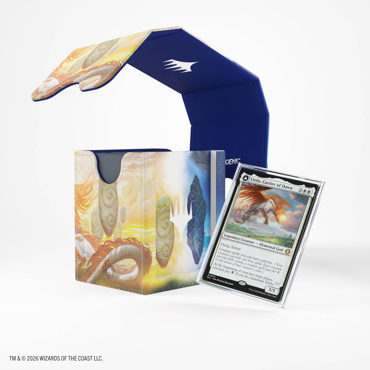 Gamegenic Squire PLUS 100+ XL: Lorwyn Eclipsed - Celestial Reunion - Colorful fantasy-themed card storage box with celestial artwork, blue fabric folding lid, and a foil-trimmed trading card.