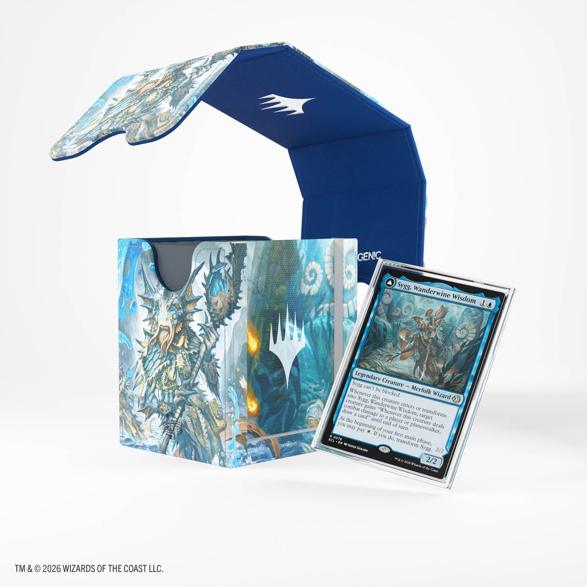 Gamegenic Squire PLUS 100+ XL: Lorwyn Eclipsed - Sygg, Wanderwine Wisdom/Sygg, Wanderbrine Shield - Blue and white Gamegenic Squire PLUS 100+ XL card storage box with Lorwyn Eclipsed Sygg artwork and a matching blue deck.