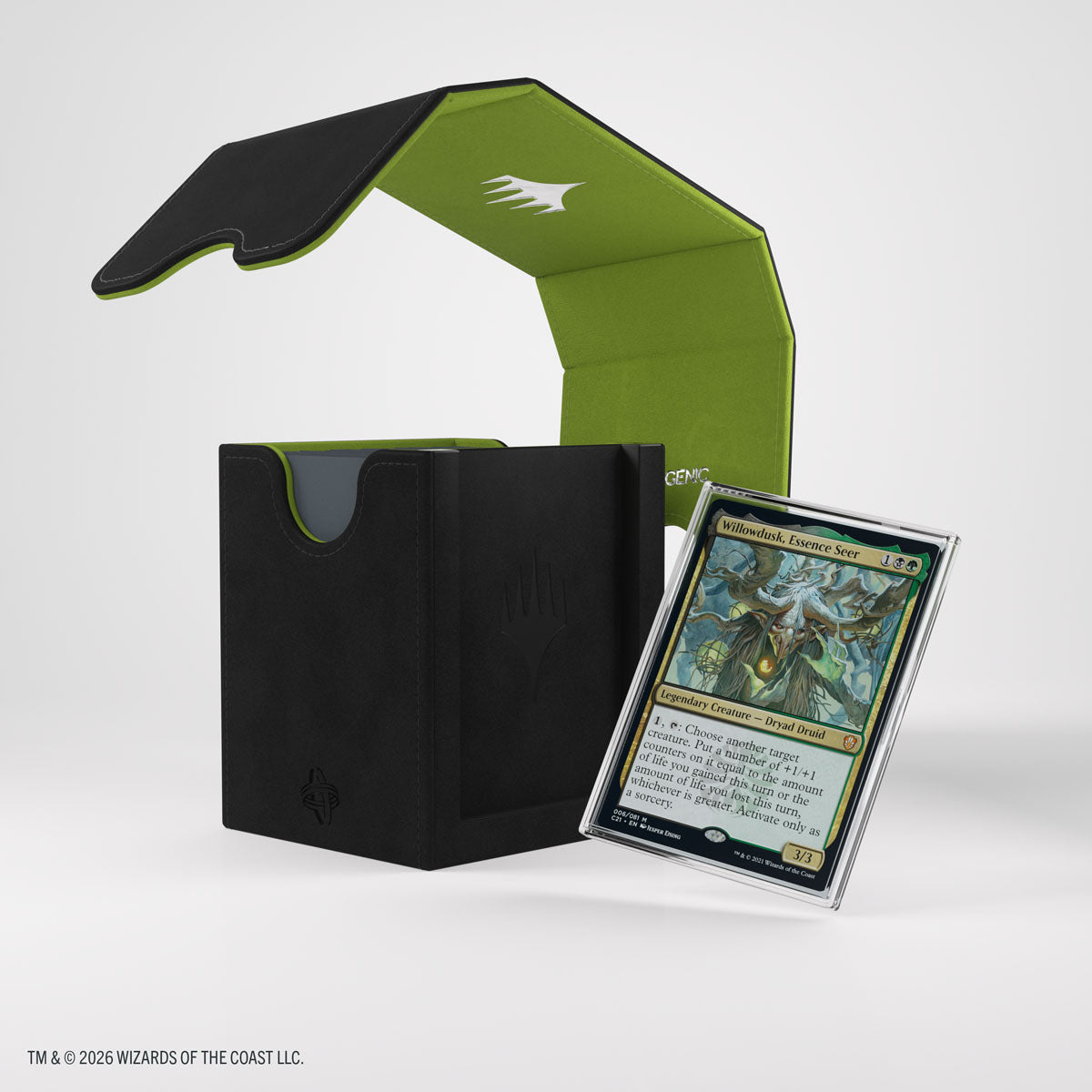 Gamegenic Sidekick PRO 100+ XL: Secrets of Strixhaven - Black/Green (PREORDER) - Black and green Gamegenic Sidekick PRO 100+ XL deck box with Secrets of Strixhaven logo and displayed trading card.