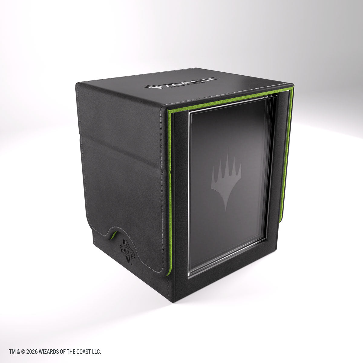 Gamegenic Sidekick PRO 100+ XL: Secrets of Strixhaven - Black/Green (PREORDER) - Black rectangular card storage box with green stitching and a transparent front panel displaying a magic wand emblem.