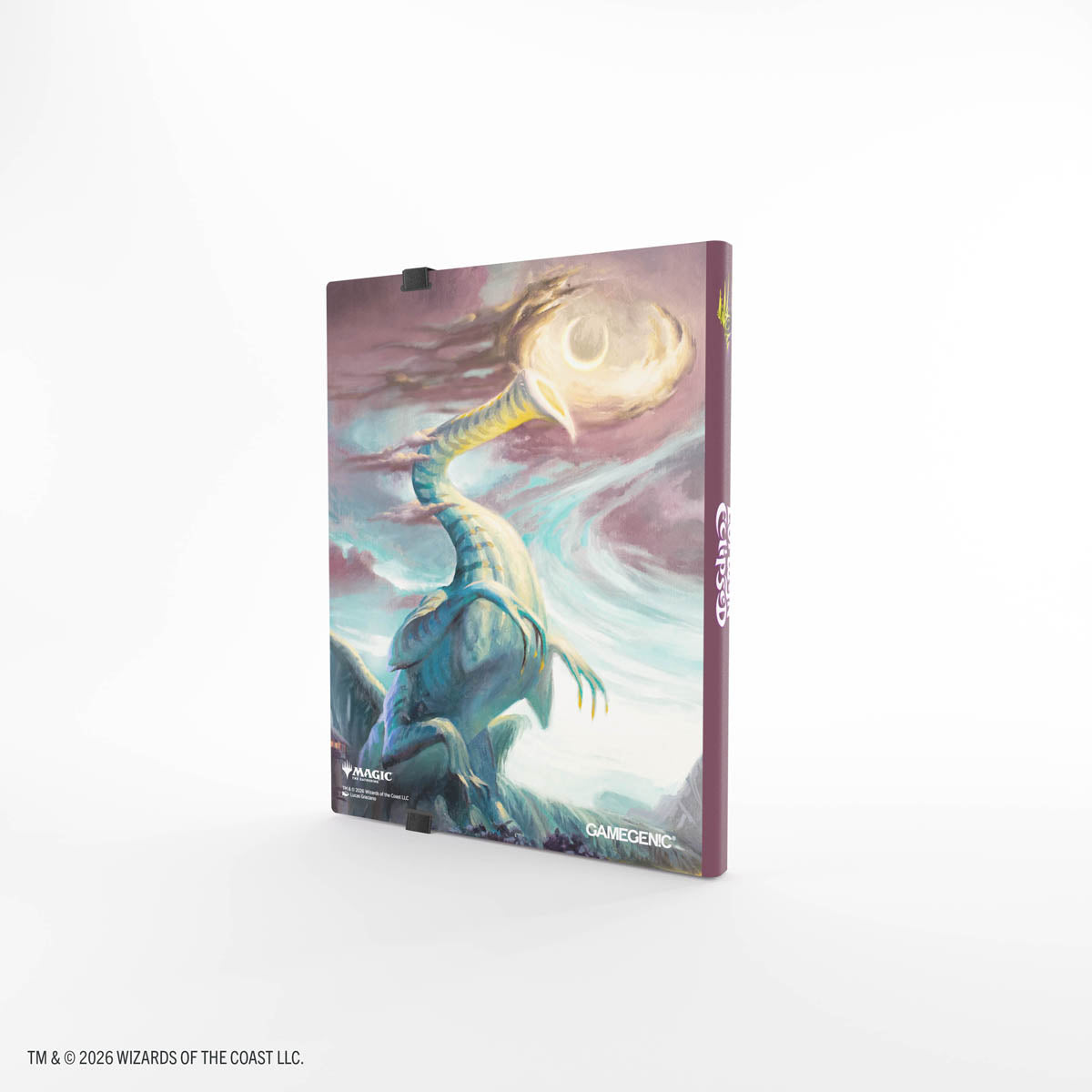 Gamegenic Casual Album 18-Pocket: Lorwyn Eclipsed - Eirdu, Carrier of Dawn/Isilu, Carrier of Twilight - Purple and blue card album with fantasy artwork of a dragon-like creature holding a glowing orb, hardcover, standing upright.