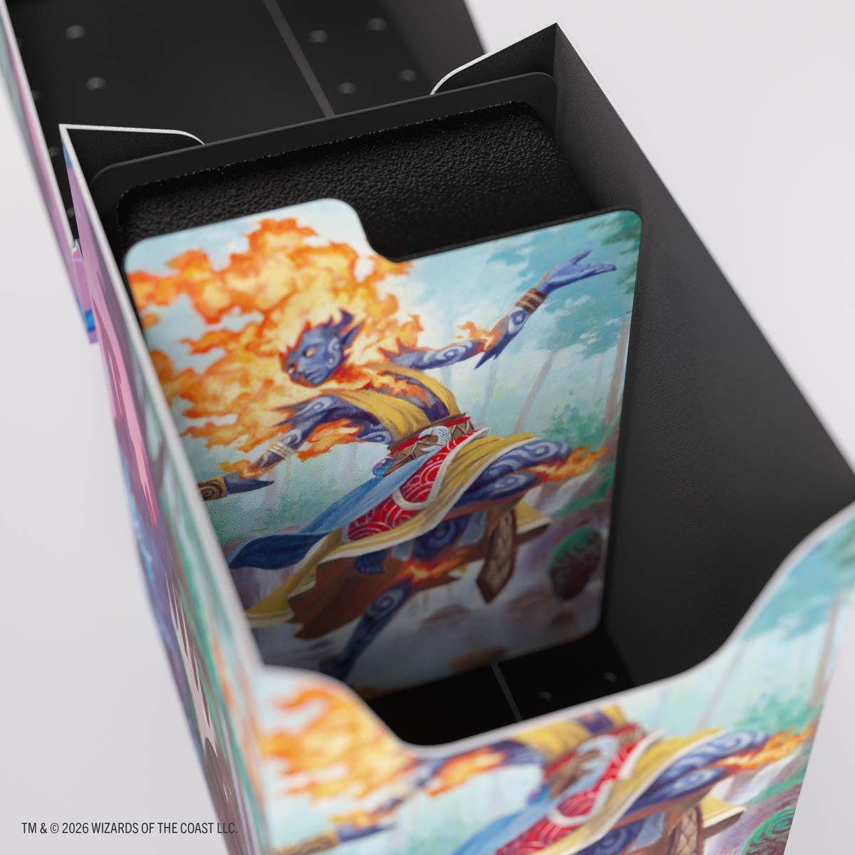 Gamegenic Soft Dynacrate 100+ XL: Lorwyn Eclipsed - Ashling, Rekindled/Ashling, Rimebound - Colorful card sleeve with vibrant fantasy character art, fiery orange hair, and detailed costume inside black storage box.