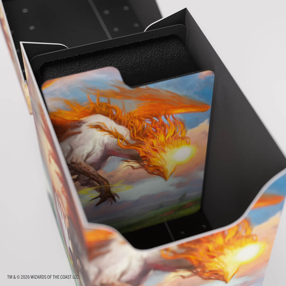 Gamegenic Soft Dynacrate 100+ XL: Lorwyn Eclipsed - Eirdu, Carrier of Dawn/Isilu, Carrier of Twilight - Soft card deck box with fiery orange and white phoenix artwork on the lid, black interior lining.
