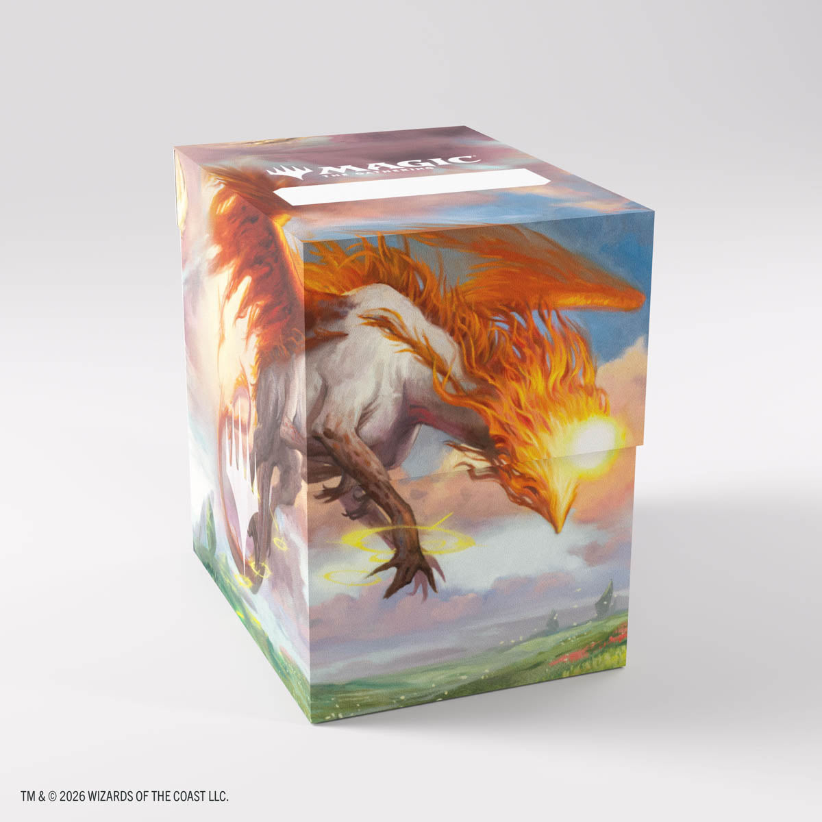 Gamegenic Soft Dynacrate 100+ XL: Lorwyn Eclipsed - Eirdu, Carrier of Dawn/Isilu, Carrier of Twilight - Rectangular game card storage box with fiery phoenix artwork, vibrant oranges and reds, soft material, large capacity.