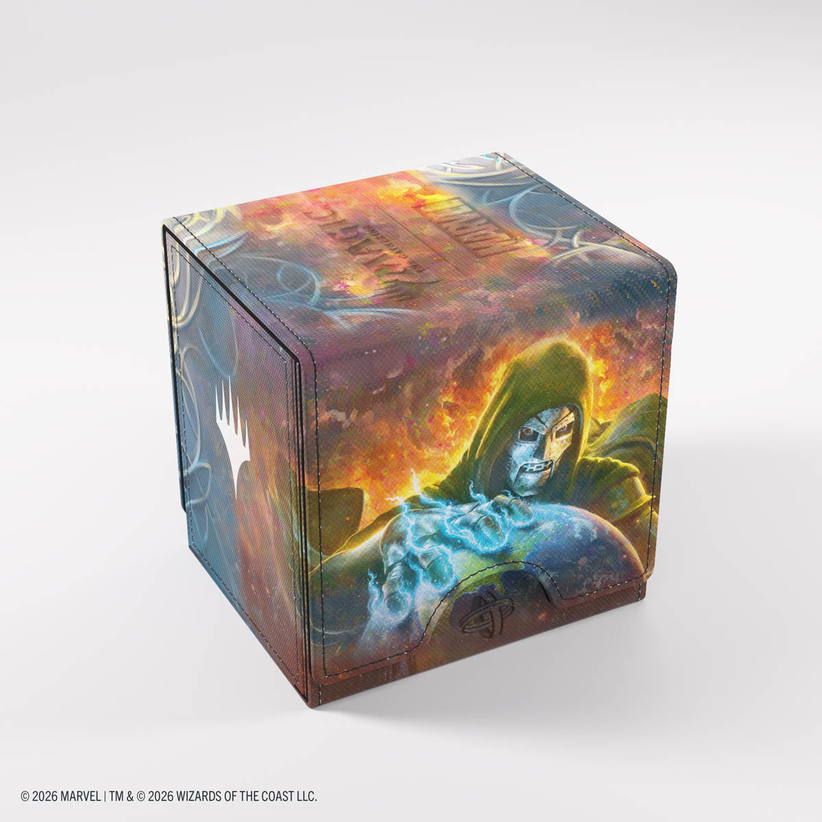 Gamegenic Sidekick PRO 100+ XL Deck Box: Marvel Super Heroes - Doom Reigns Supreme - Rectangular card storage box with vibrant Marvel Doom artwork, fiery background, and dark hooded figure on the front and.