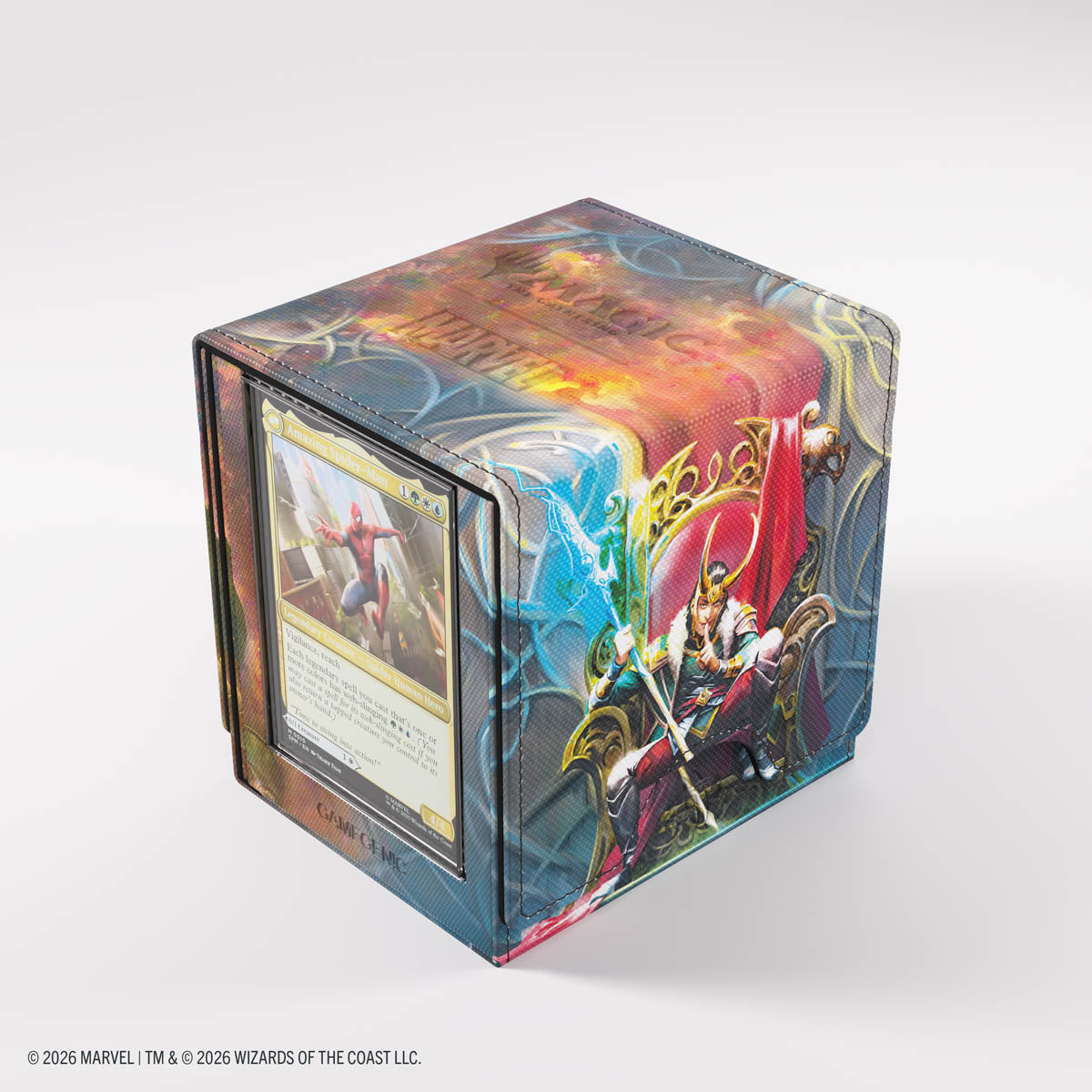 Gamegenic Sidekick PRO 100+ XL Deck Box: Marvel Super Heroes - Doom Reigns Supreme - Rectangular card deck box with colorful Marvel superhero artwork featuring Doctor Doom, fiery orange and blue background,.