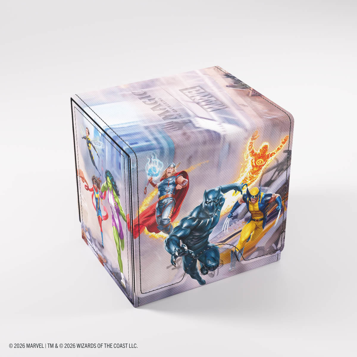 Gamegenic Sidekick PRO 100+ XL Deck Box: Marvel Super Heroes - Marvel Super Heroes - Rectangular clear deck box with full-color Marvel superheroes artwork featuring Iron Man, Black Panther, and other.