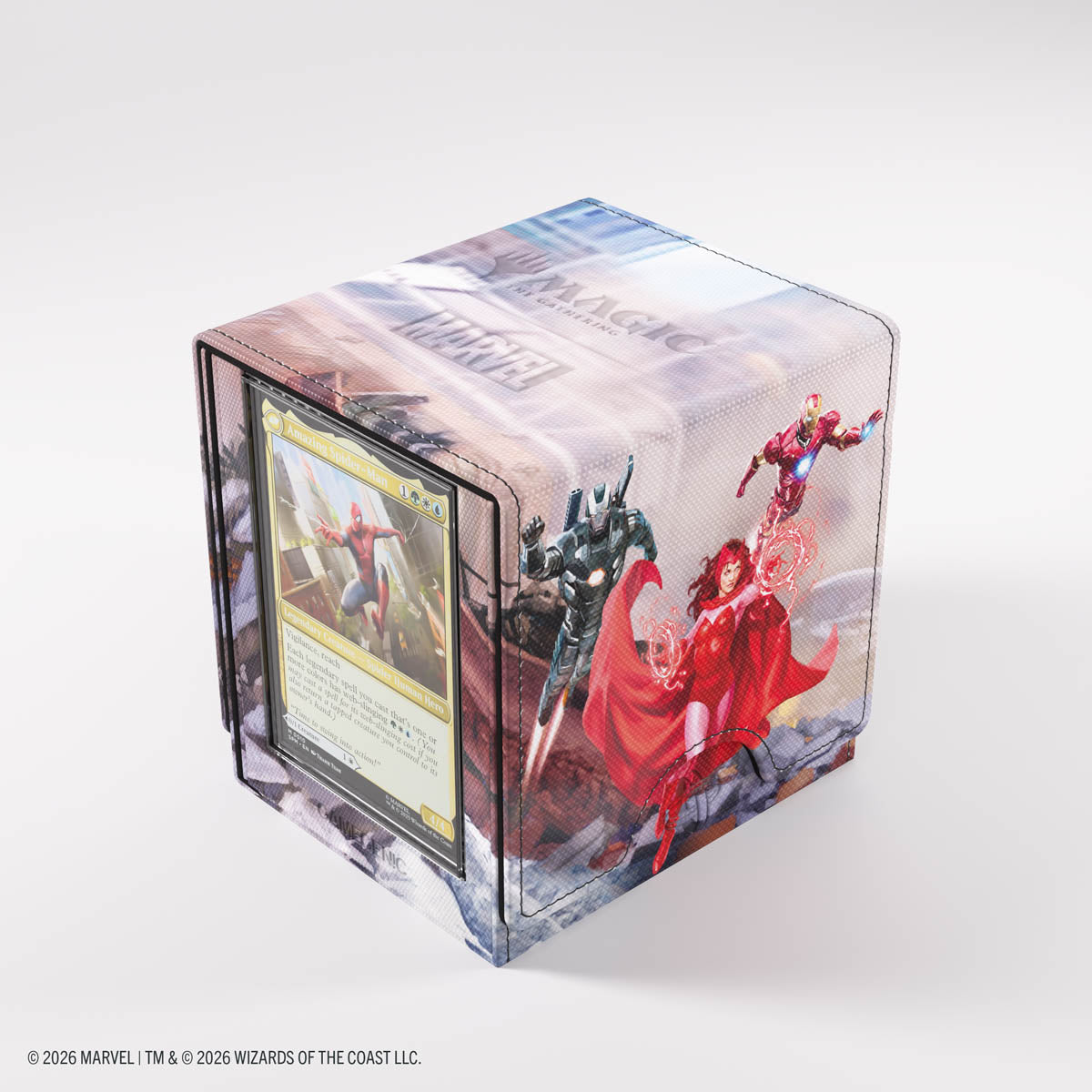 Gamegenic Sidekick PRO 100+ XL Deck Box: Marvel Super Heroes - Marvel Super Heroes - Transparent plastic deck box with Marvel superheroes artwork including Iron Man and Scarlet Witch, holding over 100 cards.