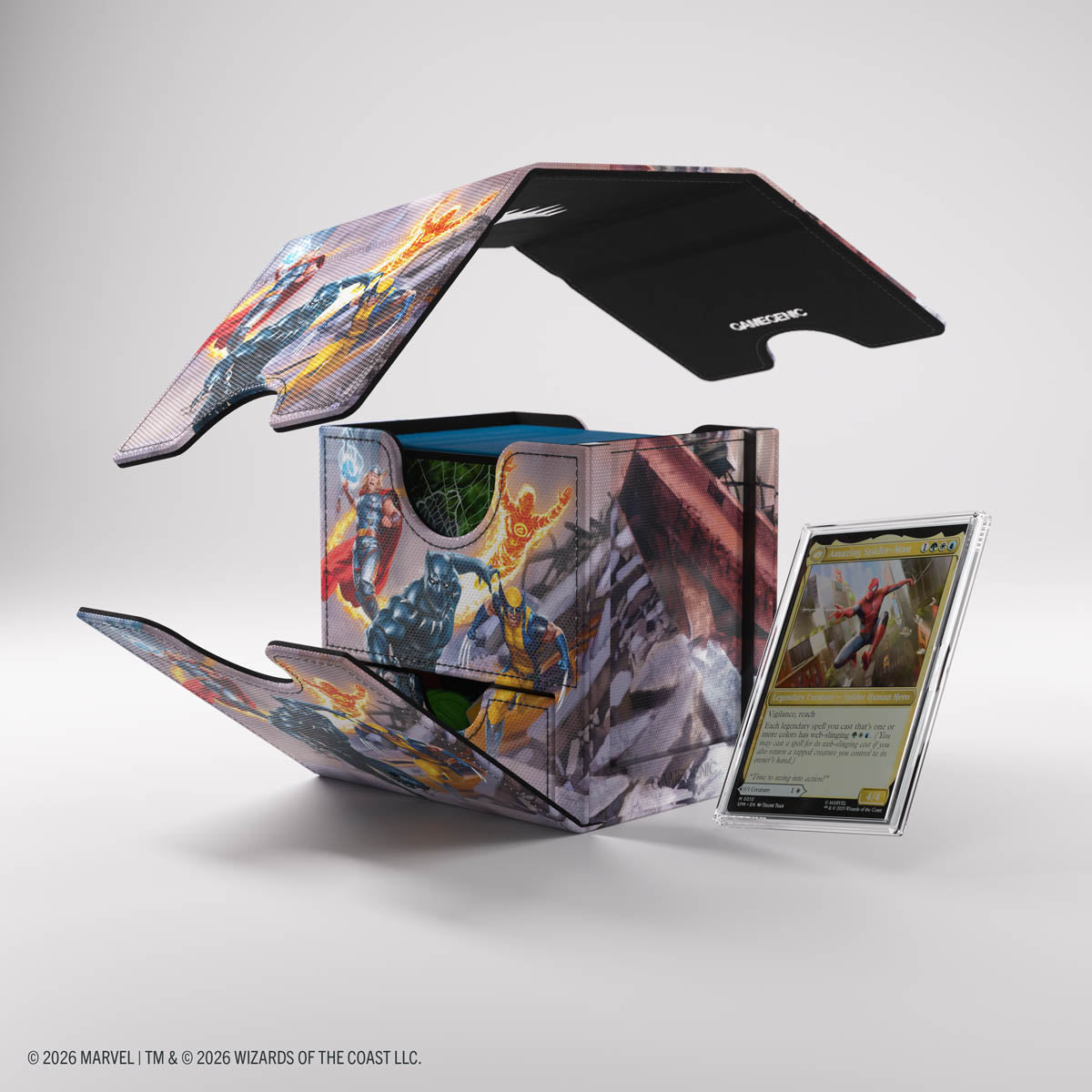 Gamegenic Sidekick PRO 100+ XL Deck Box: Marvel Super Heroes - Marvel Super Heroes - Rectangular deck box with vibrant Marvel Super Heroes artwork, featuring multiple compartments and a black interior designed