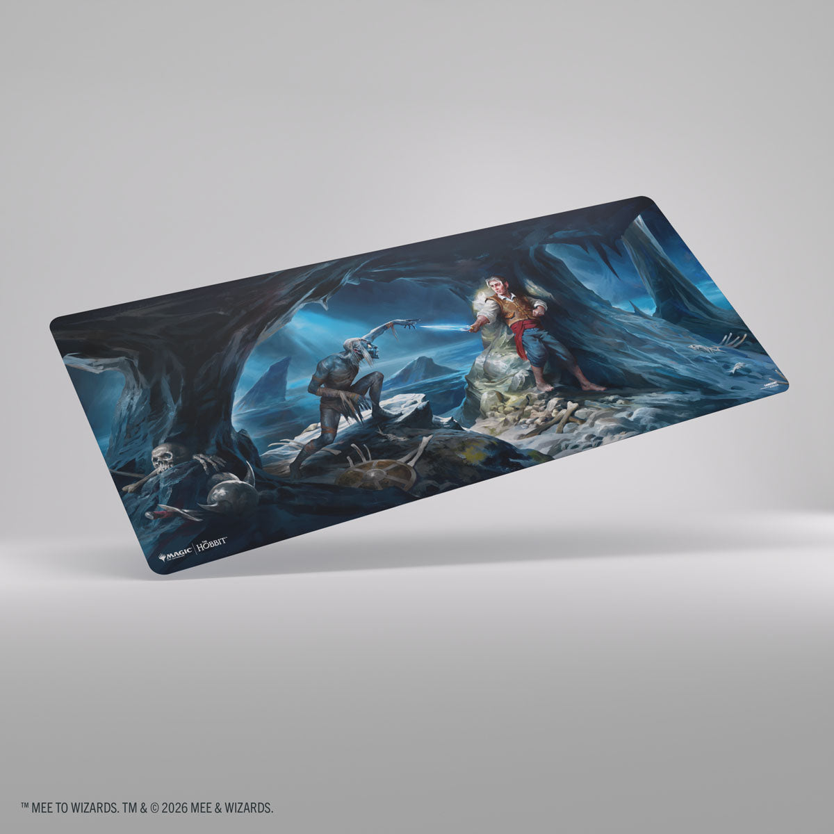 Gamegenic- Magic: The Gathering | The Hobbit Prime Table-sized Playmat 6ft - Riddles in the Dark - Rectangular playmat featuring a dark cave scene with two fantasy characters facing each other under a blue moonlit sky.