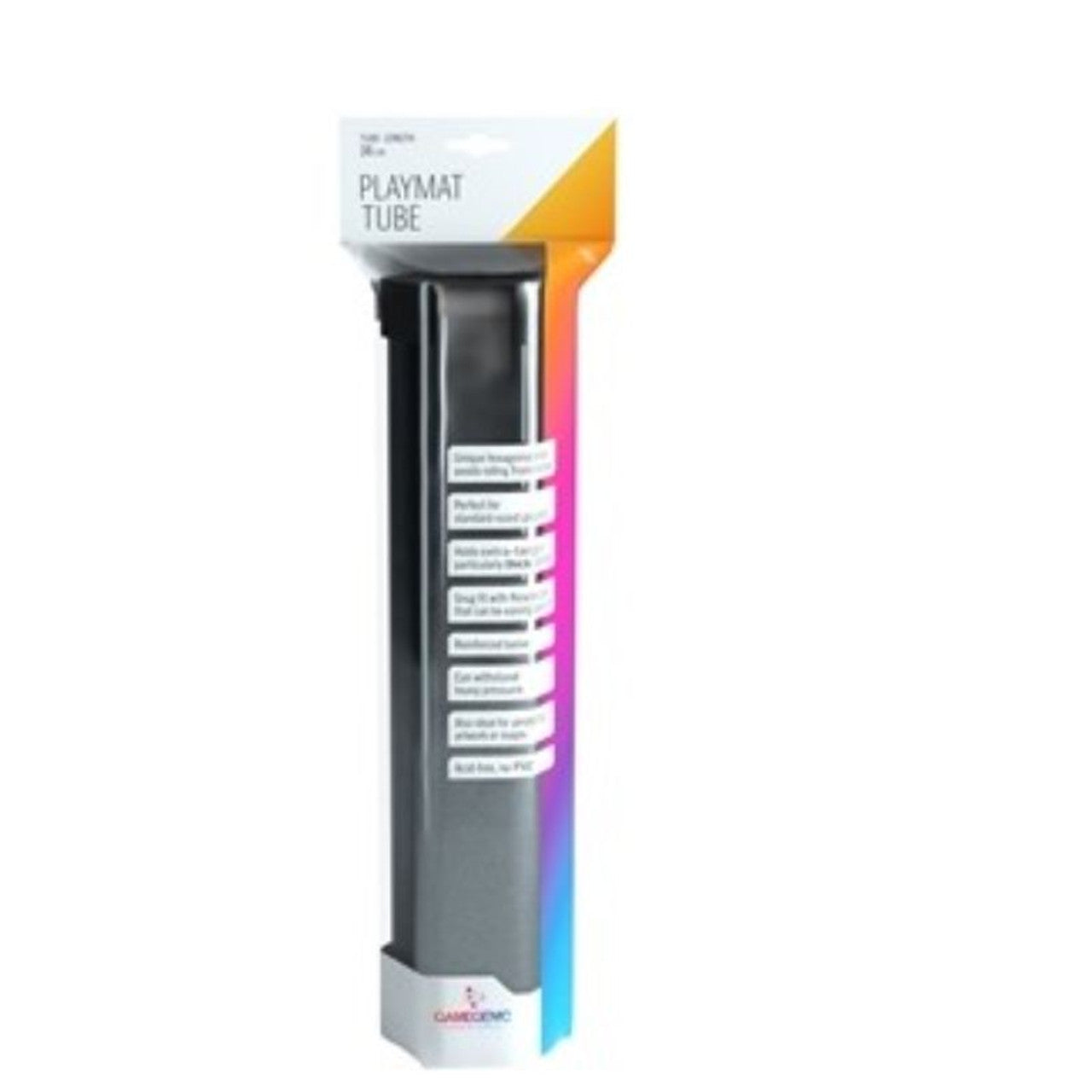 Gamegenic: Playmat Tube: Black - Black cylindrical playmat tube with textured surface and a multicolored label on top and side.