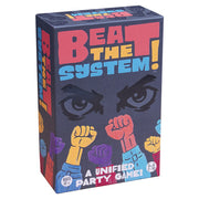 Beat the System! - Rectangular party game box in dark purple with bold, colorful text "Beat the System!" and raised fists in yellow, red, and.