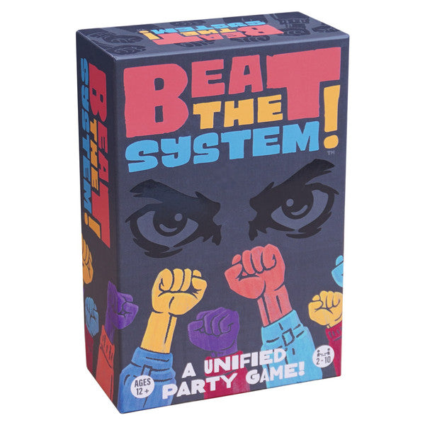 Beat the System! - Rectangular party game box in dark purple with bold, colorful text "Beat the System!" and raised fists in yellow, red, and.