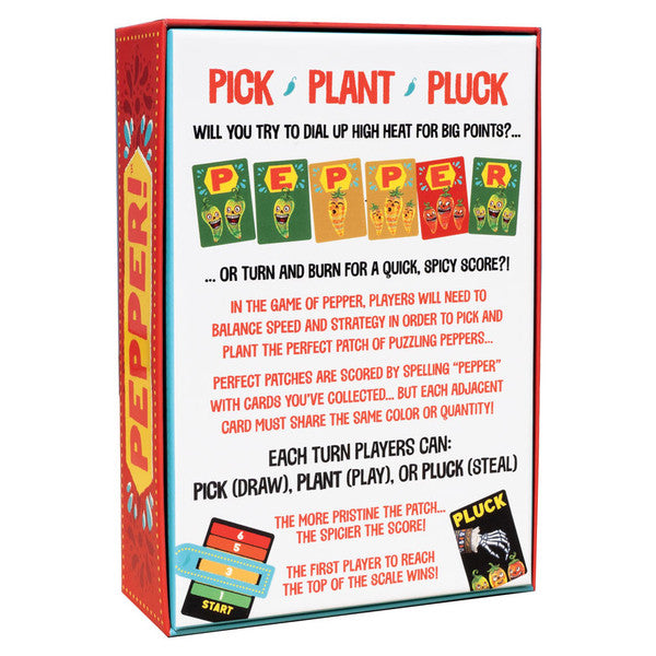Pepper! - Rectangular box with bright red edges featuring bold text "Pick Plant Pluck" and colorful letters spelling "PEPPER" in a.
