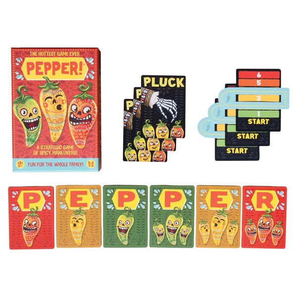 Pepper! - Colorful card game set with animated spicy pepper characters, including box, instruction cards, and lettered playing cards.