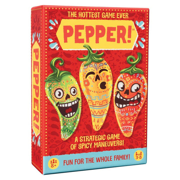 Pepper! - Bright red card game box with three animated hot peppers smiling, titled Pepper!, with bold yellow and red text and playful.