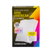 Gamegenic Board Game Sleeves: Mini American Clear Matte - Box of 50 clear matte mini American board game sleeves, labeled 44x67 mm, with colorful packaging.