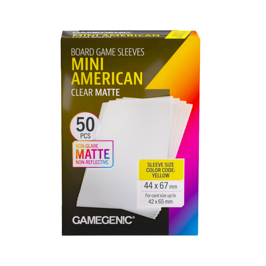 Gamegenic Board Game Sleeves: Mini American Clear Matte - Box of 50 clear matte mini American board game sleeves, labeled 44x67 mm, with colorful packaging.