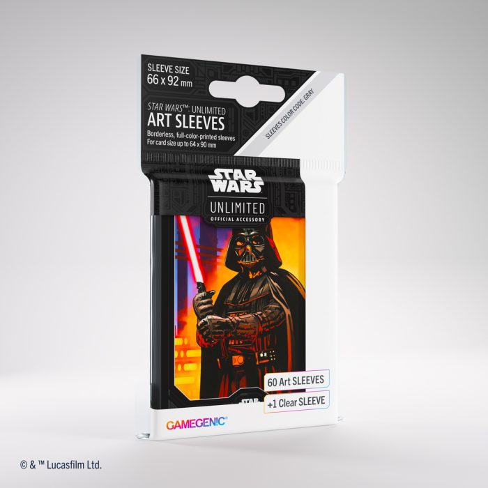 Star Wars: Unlimited Art Sleeves - Darth Vader - Black card sleeves featuring Darth Vader holding a red lightsaber against a fiery orange background, labeled Star Wars.