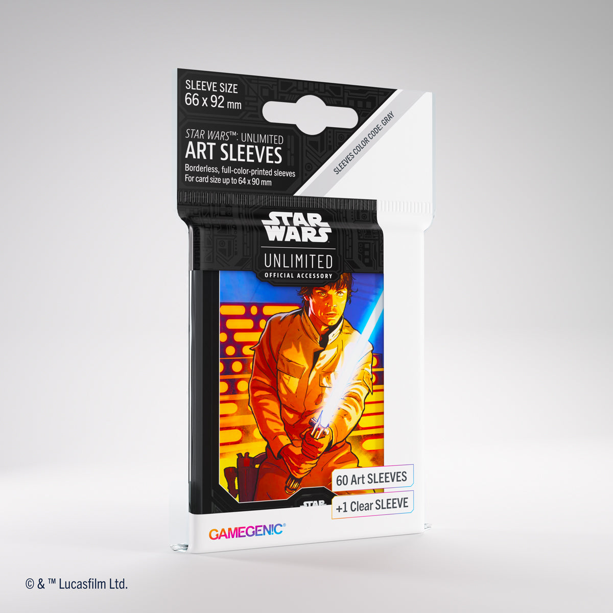 Star Wars: Unlimited Art Sleeves - Luke Skywalker - Pack of 60 glossy card sleeves featuring Luke Skywalker in orange and blue tones with a blue lightsaber on a black.