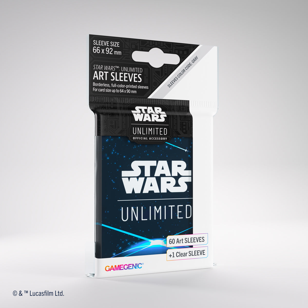 Star Wars: Unlimited Art Sleeves - Space Blue - Blue card sleeves with white Star Wars Unlimited logo, designed for protecting trading cards, packaged in a clear plastic.