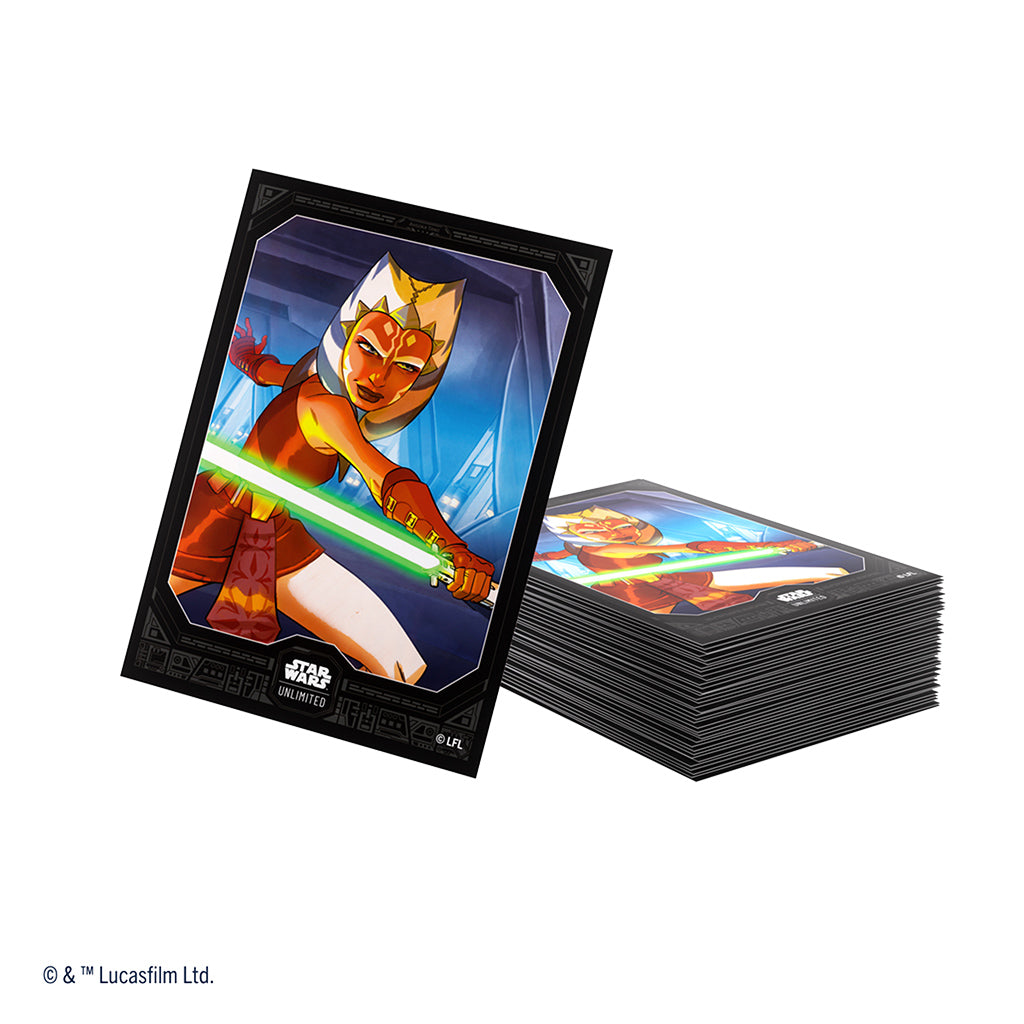 Star Wars: Unlimited Art Sleeves - Ahsoka Tano - Stack of rectangular card sleeves featuring animated Ahsoka Tano with green lightsabers, framed in black with Star Wars.
