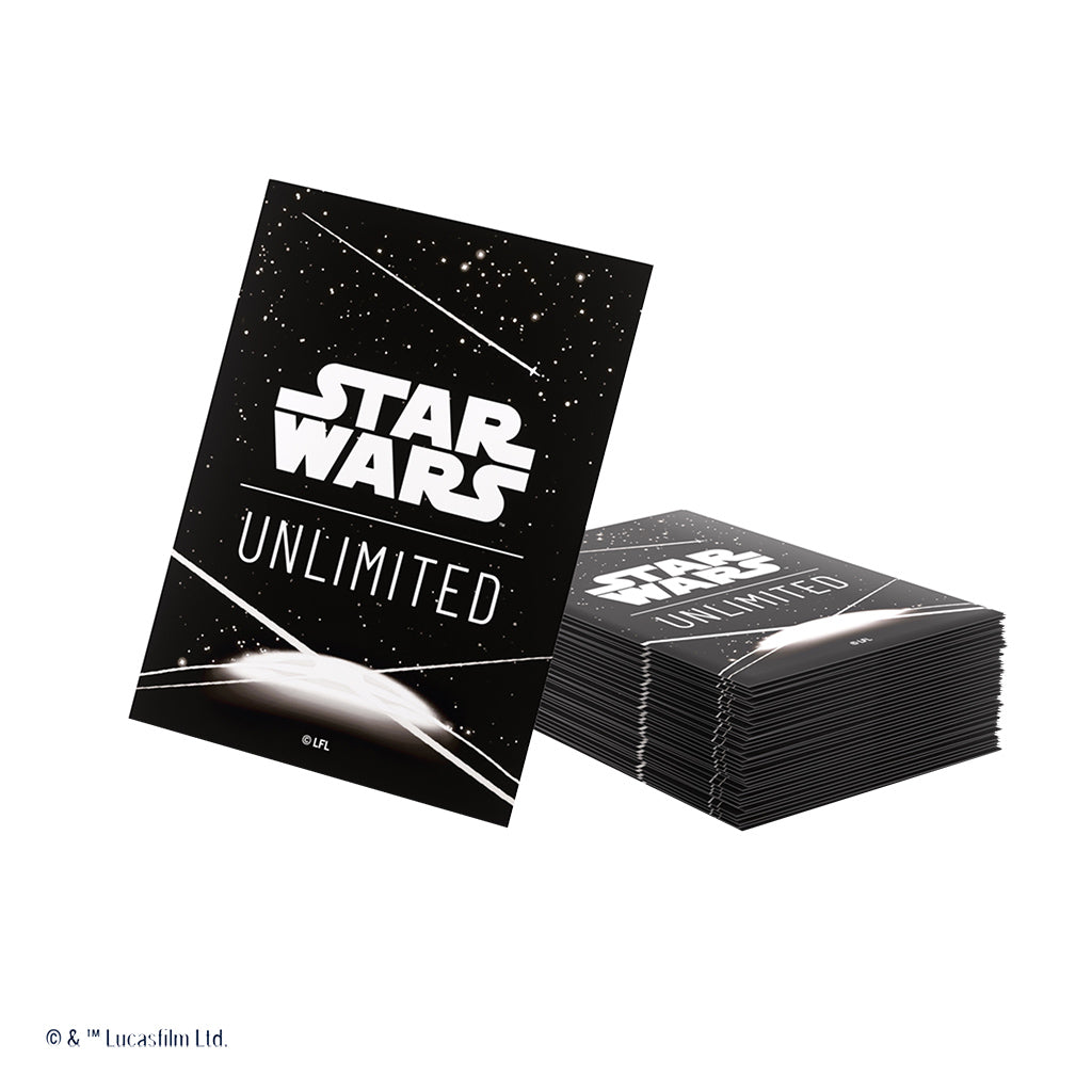 Star Wars: Unlimited Art Sleeves - Card Back White - Black rectangular card sleeves featuring the white Star Wars Unlimited logo with a space background and planet at the bottom.