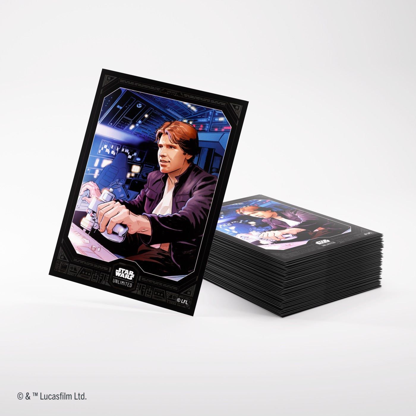 Gamegenic STAR WARS : Unlimited Premium Art Sleeve Han Solo - Black card sleeve featuring Han Solo holding blaster inside the Millennium Falcon cockpit with Star Wars logo.